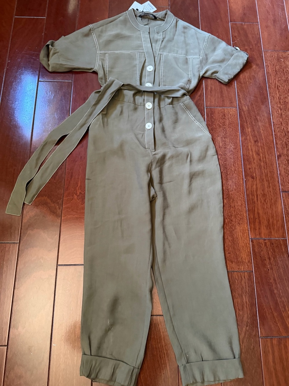 Zara Olive Utility Jumpsuit with Button Front and Waist Sash